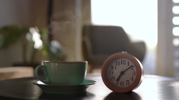 Mañana Las Siete Punto Reloj Una Taza — Vídeos de Stock