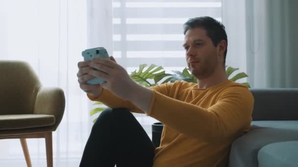 Man Doing Selfie Photo Instant Camera — Stock Video