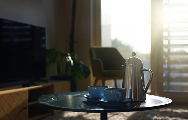 Чайник Две Чашки Столе Утром — стоковое фото