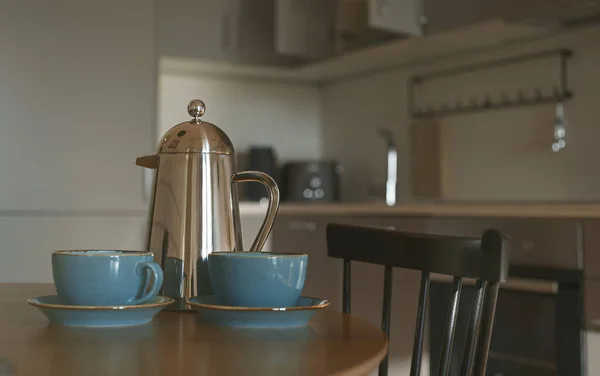 Théière Deux Tasses Sur Table Matin — Photo