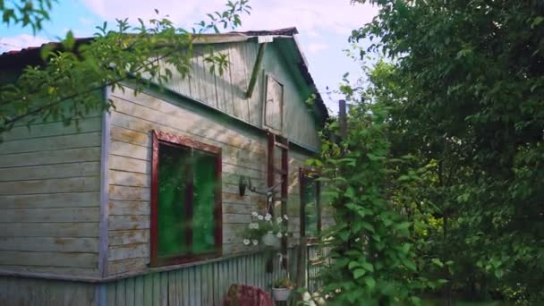 Oud Huisje Met Bomen Een Zonnige Dag Russische Dacha — Stockvideo
