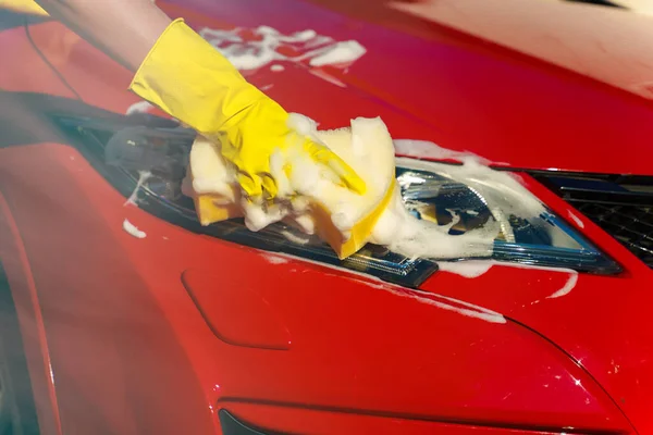 Woman Gloves Washes Car Headlight Sponge — Stock Photo, Image