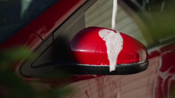 Woman Gloves Washes Red Car Sponge — Stock Video