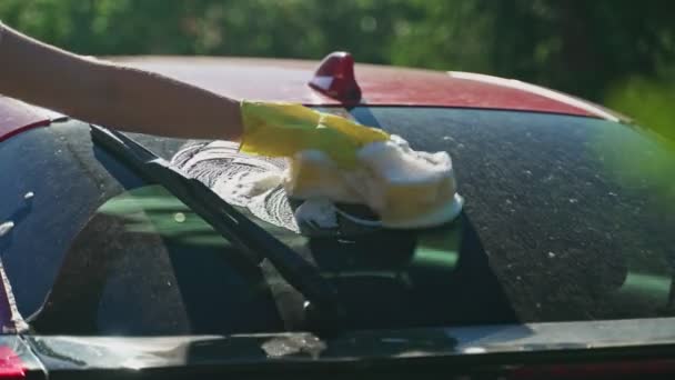 Woman Gloves Washes Car Window Sponge — Stock Video