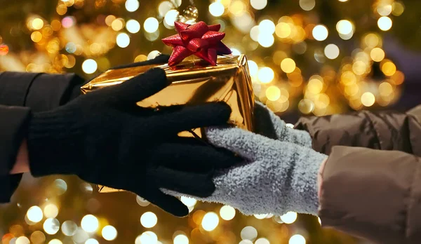Hands Giving New Year Present Christmas Tree — Stock Photo, Image