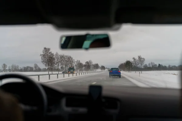 Car Went Slippery Road Difficult Weather Conditions Road — Stock fotografie