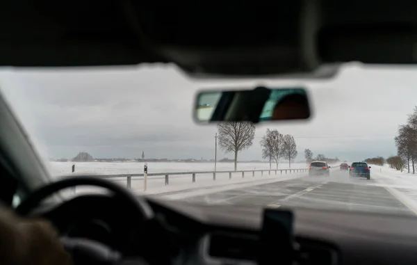 Blowing Snow Road Difficult Weather Conditions Road — Stock fotografie