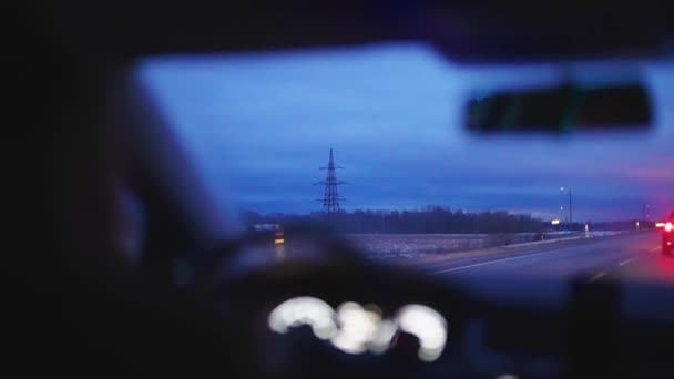 Woman Drives Car Twilight Winter — Vídeo de Stock