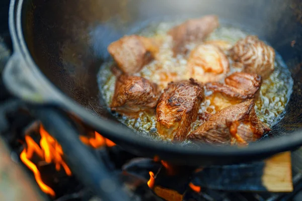 Vlees Wordt Gekookt Ketel Brand Stap Voor Stap Koken Van — Stockfoto