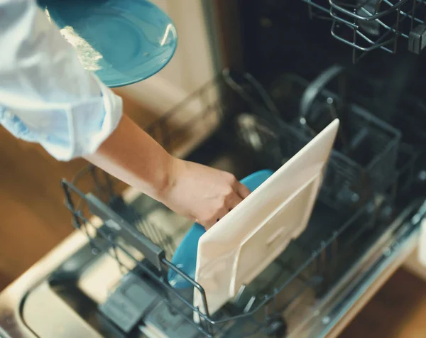Woman Loads Dishes Dishwasher — Stock Photo, Image