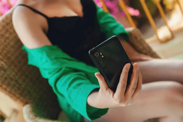 Woman Lingerie Doing Selfie Smartphone — Stock Photo, Image