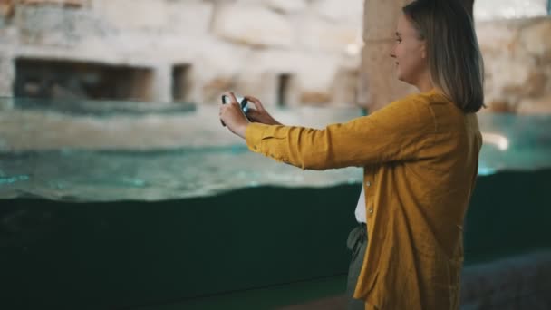 Mulher Tira Fotos Pinguins Natação Zoológico — Vídeo de Stock