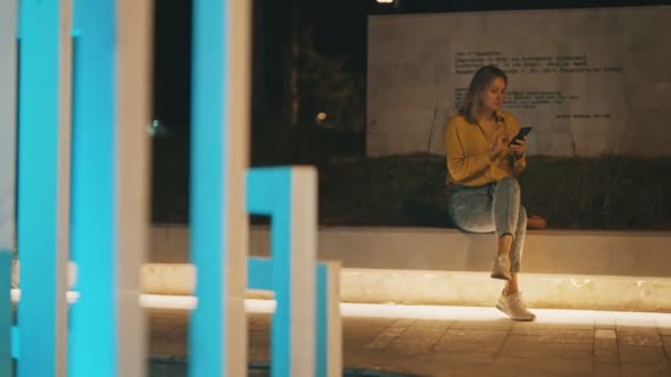 Mulher Com Smartphone Sentado Perto Fonte Noite Verão — Vídeo de Stock