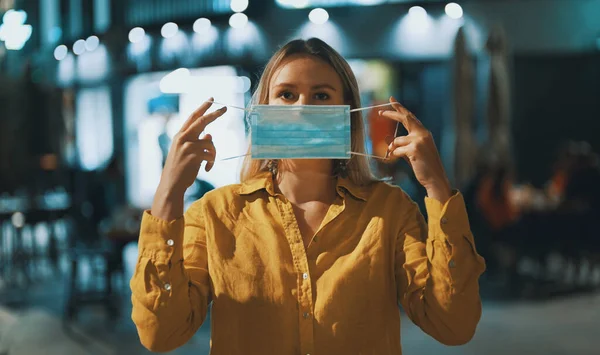 Woman Putting Medical Mask Street Wear Mask Public Place — Stock Photo, Image