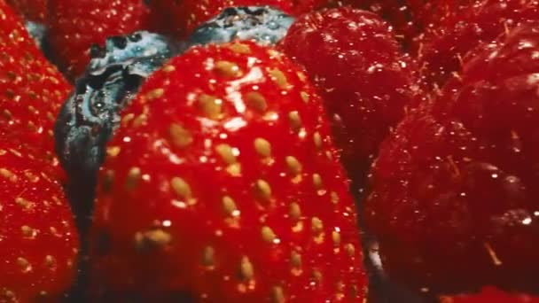 Macro Shot Arándanos Frescos Composición Fresas — Vídeo de stock