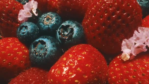 Macro Shot Arándanos Frescos Composición Fresas — Vídeos de Stock