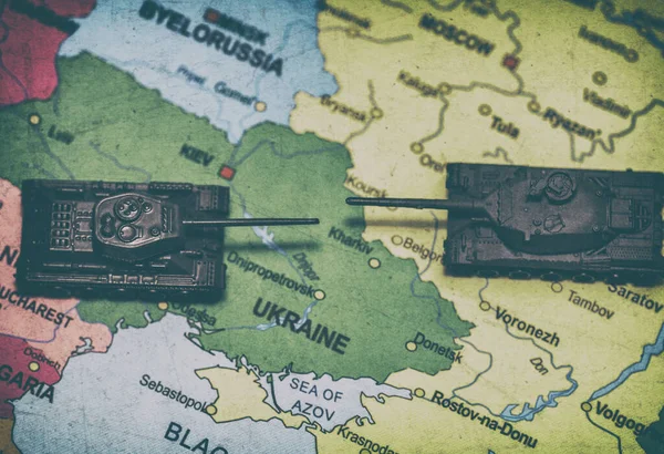 Des Chars Jouets Sur Carte Opérations Militaires Ukraine — Photo