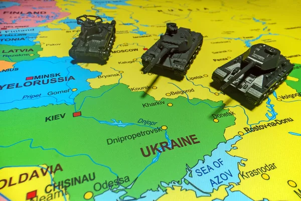 Des Chars Jouets Sur Carte Opérations Militaires Ukraine — Photo