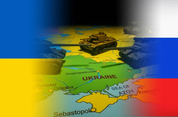 Σύγκρουση Μεταξύ Ρωσίας Και Ουκρανίας Δεξαμενές Παιχνιδιών Στο Χάρτη — Φωτογραφία Αρχείου