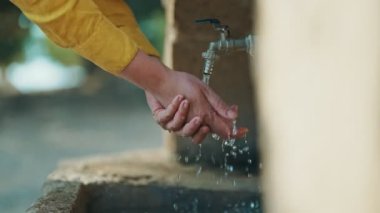 Yazın şehirde ellerini yıkayan bir kadın..