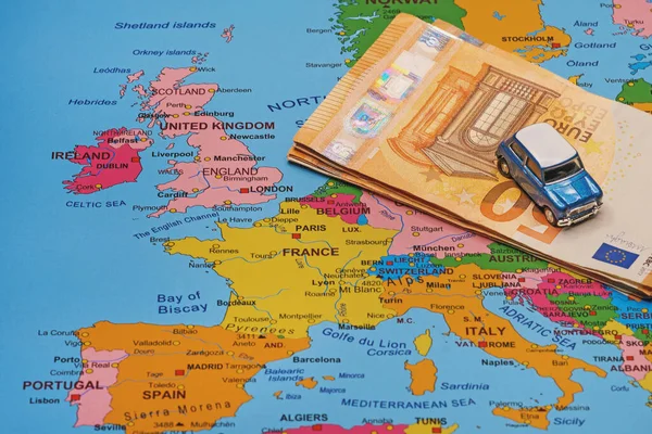 Convertible Car Euro Banknotes Map Europe — Stock Photo, Image