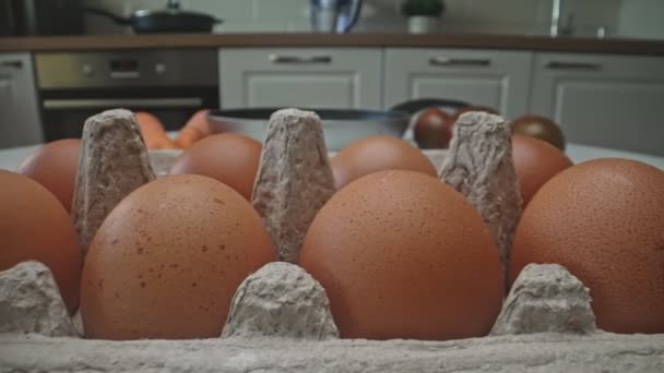 Packaging Raw Eggs Kitchen Table — Vídeos de Stock