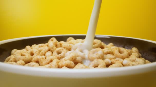 Pouring Milk Bowl Honey Cereals — стоковое видео