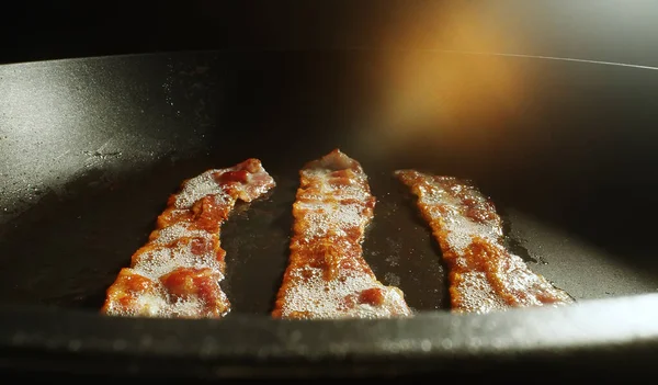 Close View Bacon Slices Frying Pan — Stock Photo, Image