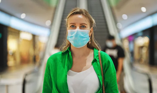 Woman Putting Medical Mask Mall Wear Mask Public Place — Stock Photo, Image