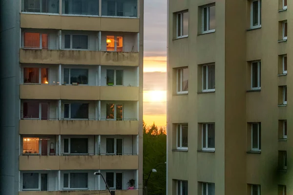 Sunset Two Old Soviet Buildings — Stock Photo, Image