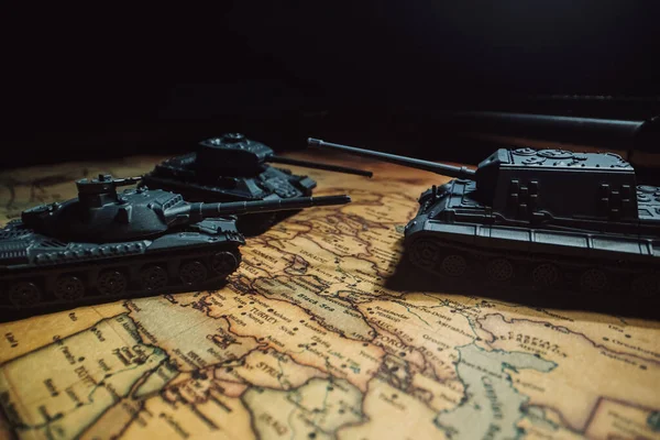 Toy tanks on the map. Military operations in Ukraine.