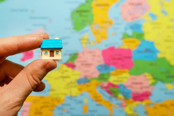 Small Toy House Front Europe Map — Stock Photo, Image