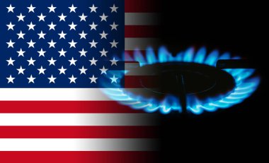 ABD bayrağı ve mavi gaz alevleri.