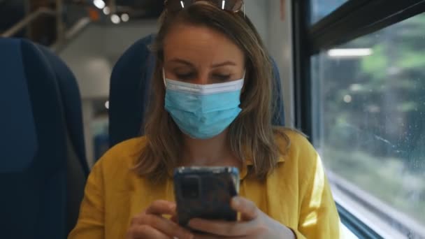 Woman Medical Mask Travels Train — Vídeo de Stock