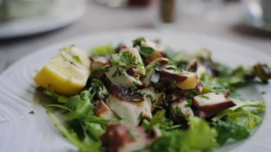 Traditional salad with octopus and herbs.