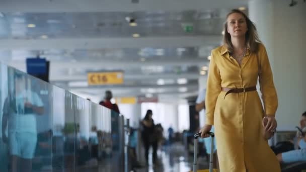 Woman Suitcase Walking Airport Terminal — Video Stock