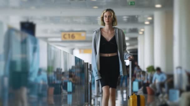 Tween Girl Suitcase Walking Airport Terminal — Video