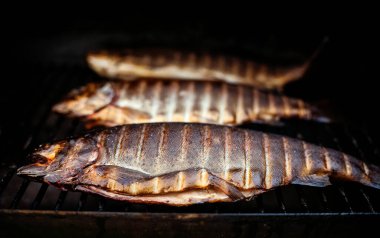 Rainbow trout smoked on grill bbq.