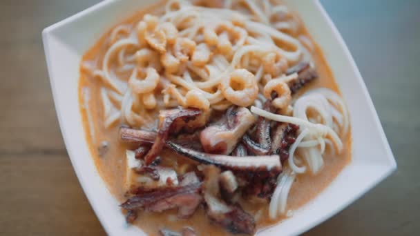 Spicy Asian Soup Noodles Octopus Shrimp — Stok video
