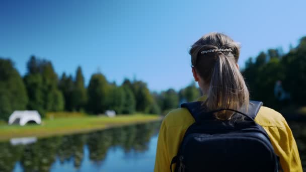 Woman Tourist Backpack Standing Lake — Wideo stockowe