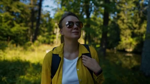Woman Tourist Backpack Exploring Forest — Video Stock
