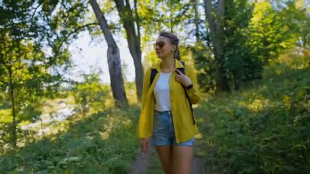 Woman Tourist Backpack Exploring Forest — Wideo stockowe