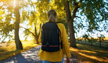 Woman tourist with backpack walking in the countryside. Rear view.
