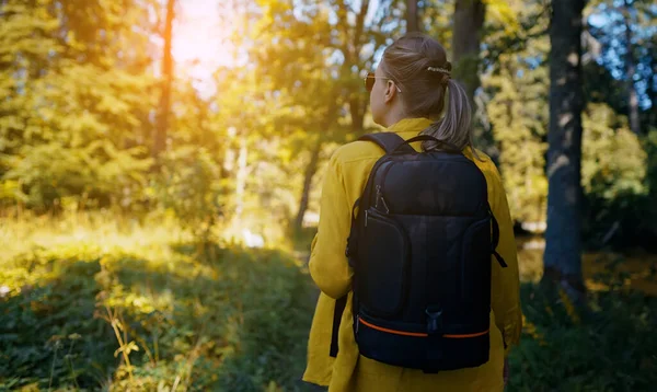 Woman Tourist Backpack Exploring Forest Back View — Stok fotoğraf