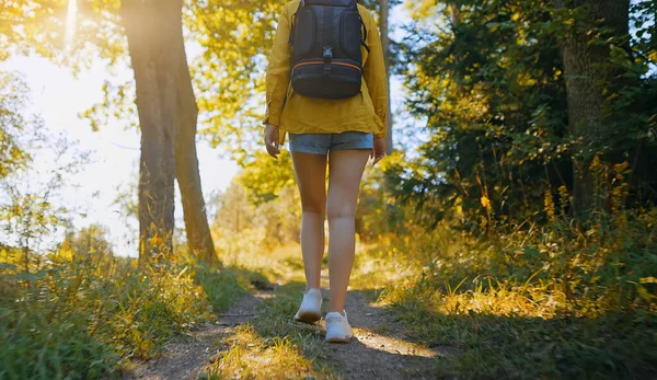 Woman Tourist Backpack Walking Countryside Rear View — 图库照片