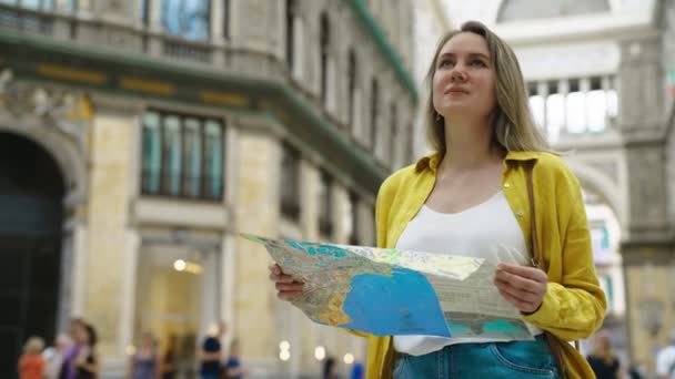 Woman Tourist Map Stands Galleria Umberto Naples — Video Stock