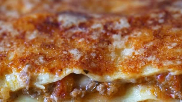 Close View Freshly Baked Italian Lasagna — Vídeo de Stock