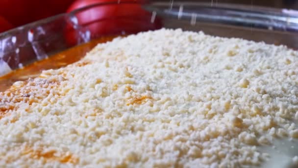 Cheese Falling Bechamel Sauce Cooking Lasagna — Vídeo de stock