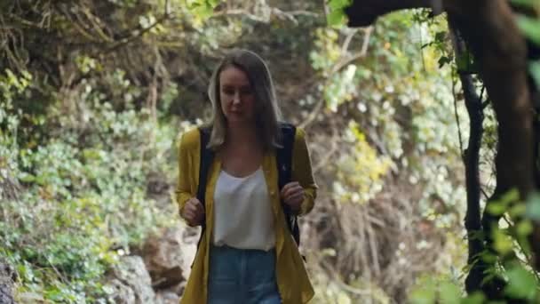 Woman Tourist Backpack Walking Deep Forest — Wideo stockowe