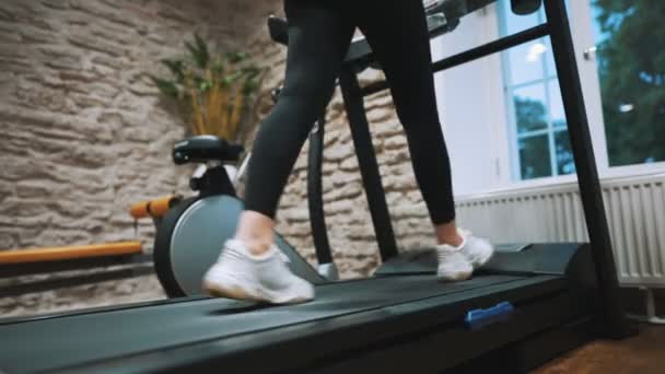 Woman Jogging Treadmill Gym — стоковое видео